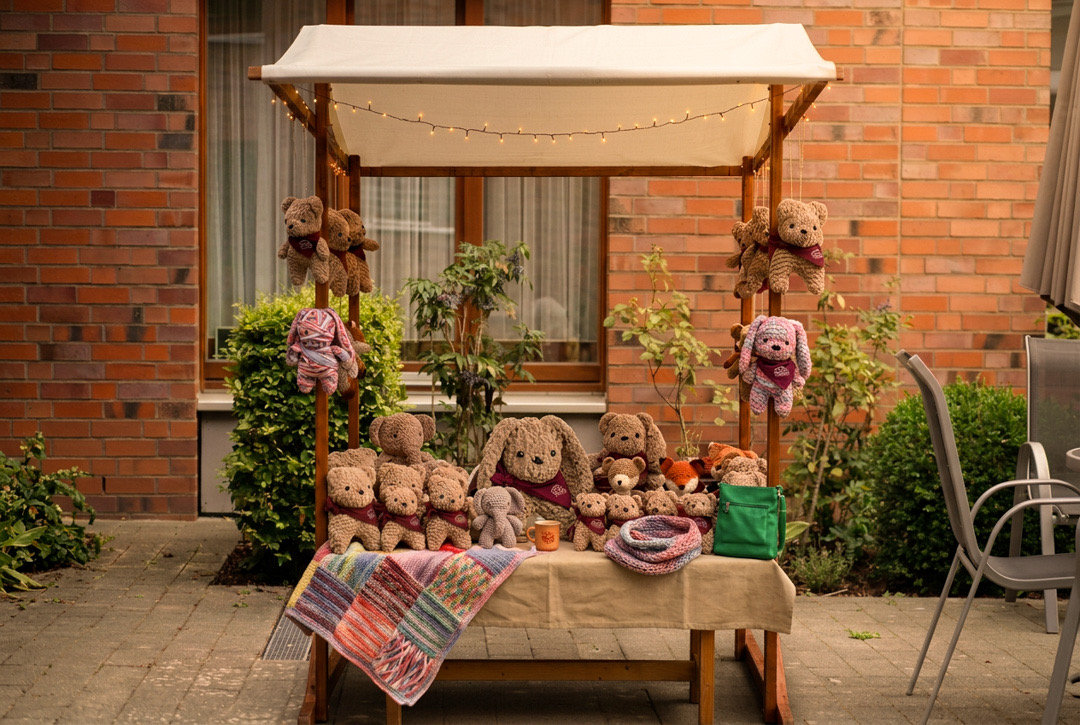 Market stall with the finished knitted bears for sale