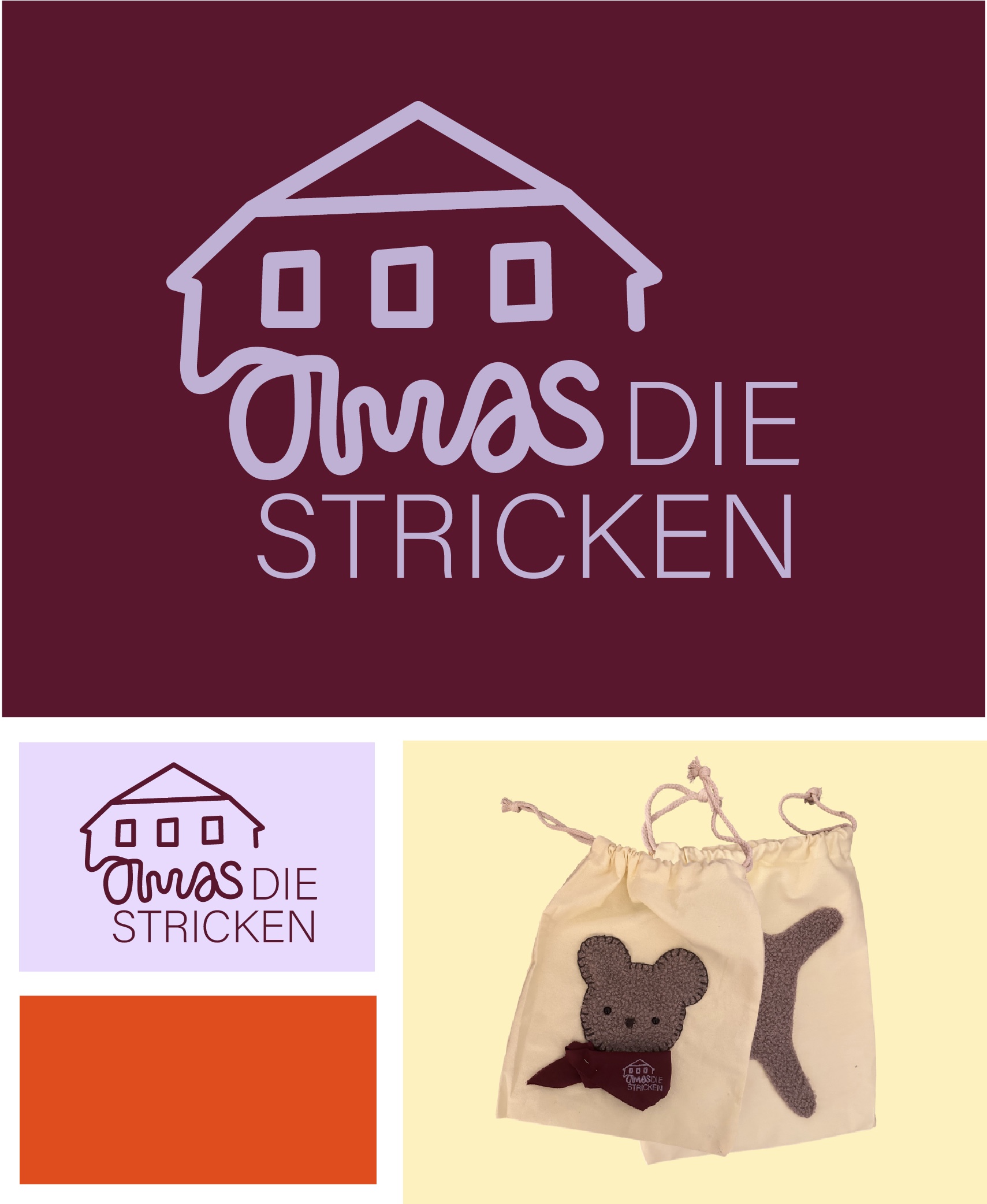 Omas die stricken brand design sheet: logo, colors, and packaging