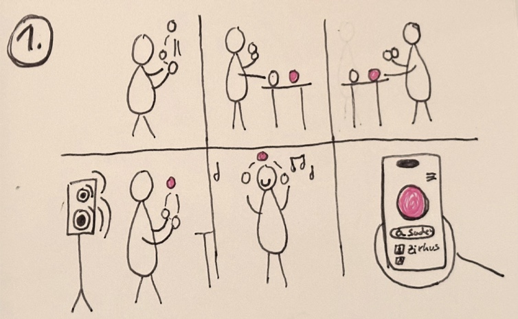 Early storyboard sketch of the interaction idea: juggling alone, setting the ball down, then picking it up again to music