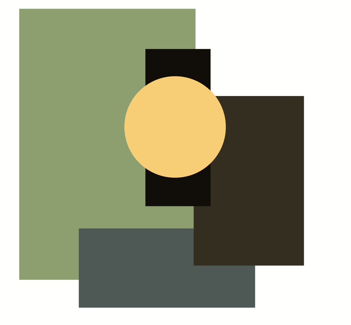 Colour palette from the cinema's entrance and café: sage green, near-black, dark olive-brown, slate grey, and a warm yellow accent