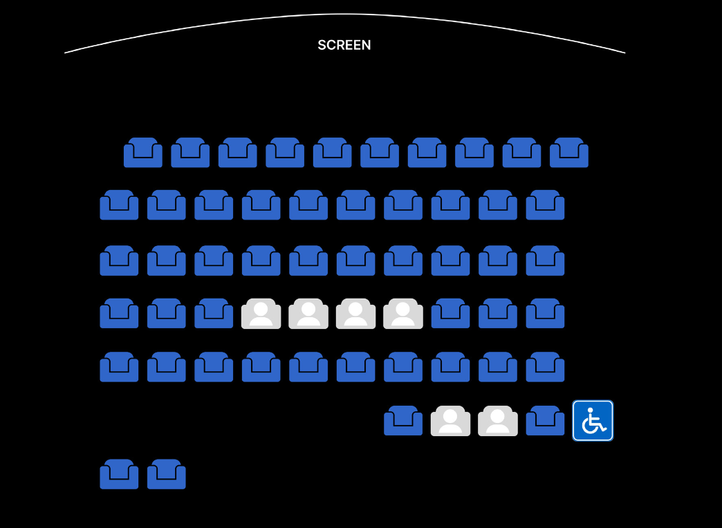The cinema's existing online booking interface: a seat plan in blue, with taken seats marked by a plain grey icon and an accessible seat marked by a wheelchair symbol