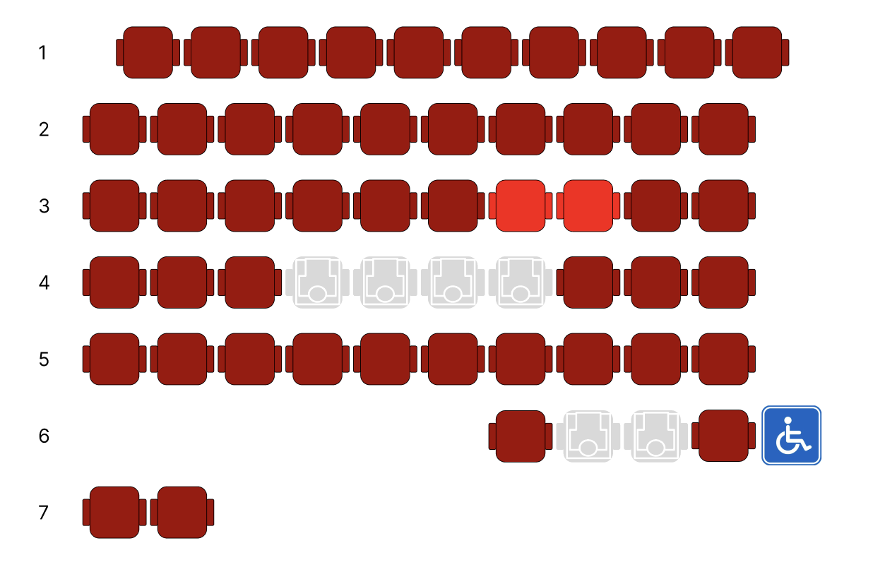 The original seat plan diagram: available seats in dark red, two selected seats in a lighter red barely distinguishable from it, and taken seats shown as grey icons