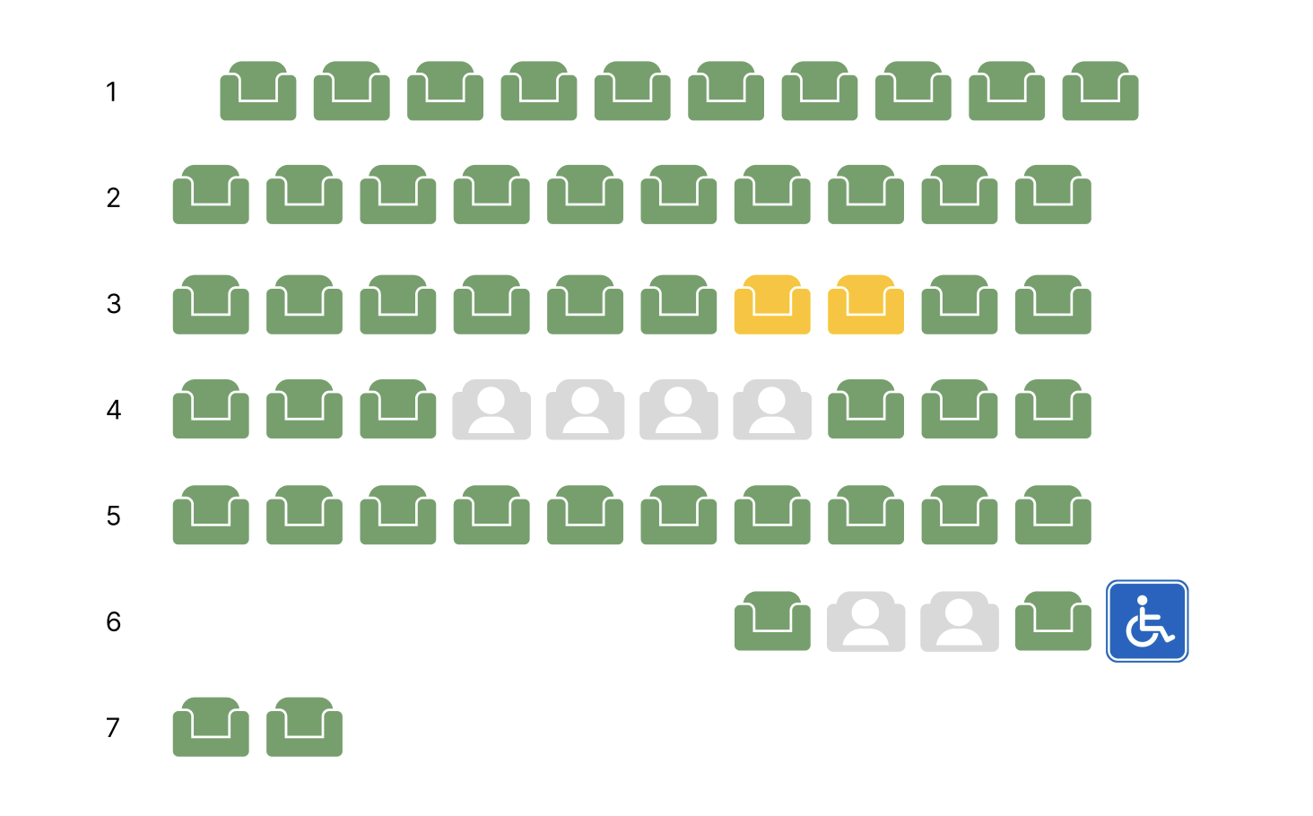 The redesigned seat plan on its own: available seats in green, two selected seats in yellow, taken seats shown as grey icons, and an accessible seat marked with a wheelchair symbol