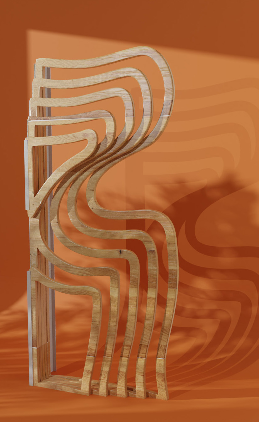 Blender render of Relief in solid oak, showing its wave-shaped profile against a warm orange backdrop